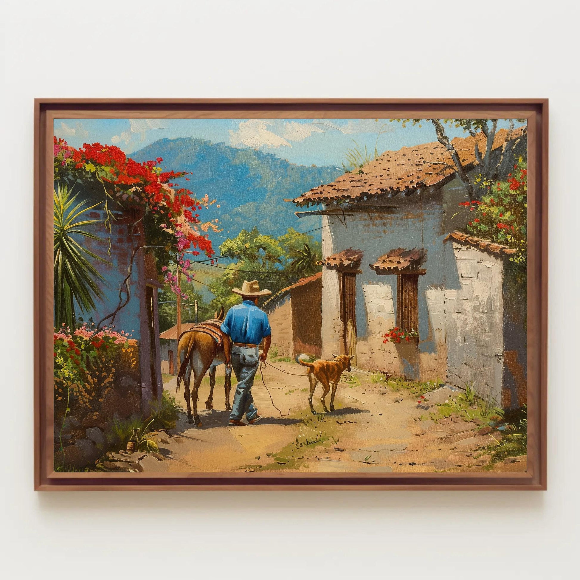 Mexican Village Oil Painting | Mexican Wall Art | Man with a Dog and Donkey | Mexico Home Decor | Mexico Art | Framed Canvas | Ready To Hang Wall Art – Canvas Print