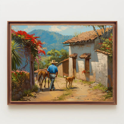 Mexican Village Oil Painting | Mexican Wall Art | Man with a Dog and Donkey | Mexico Home Decor | Mexico Art | Framed Canvas | Ready To Hang Wall Art – Canvas Print