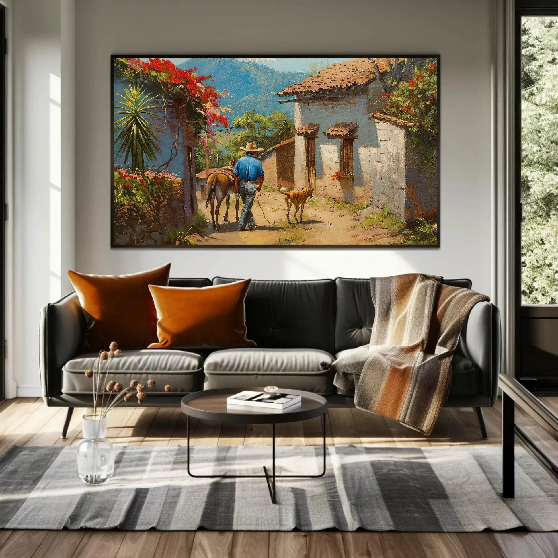 Mexican Village Oil Painting | Mexican Wall Art | Man with a Dog and Donkey | Mexico Home Decor | Mexico Art | Framed Canvas | Ready To Hang Wall Art – Canvas Print