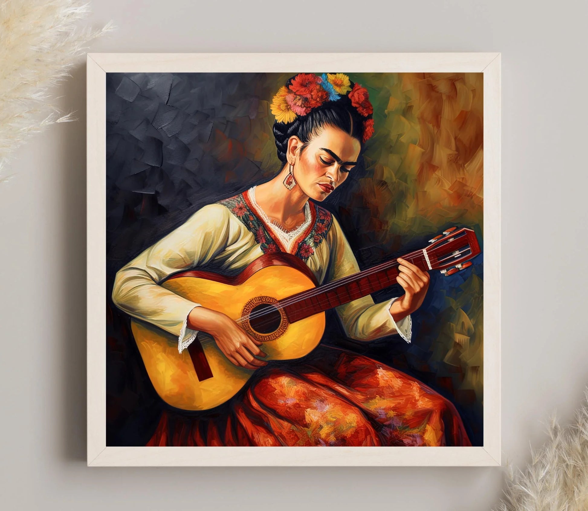 Frida Kahlo playing guitar Wall Art Print Frida Kahlo Painting Frida Kahlo Poster Frida Kahlo Gift Frida Portrait Art Frida Oil Painting Wall Art – Canvas Print