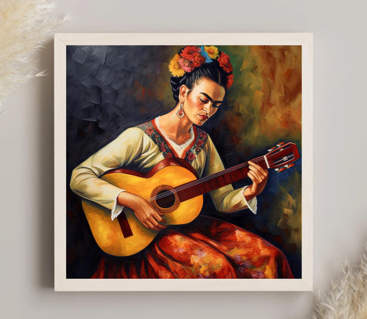 Frida Kahlo playing guitar Wall Art Print Frida Kahlo Painting Frida Kahlo Poster Frida Kahlo Gift Frida Portrait Art Frida Oil Painting Wall Art – Canvas Print