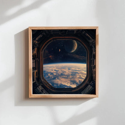 Space Station Window Square Canvas Print, Futuristic Outer Space Wall Art, Framed Sci-Fi Decor for Living Room or Office, Ready to Hang Wall Art – Canvas Print
