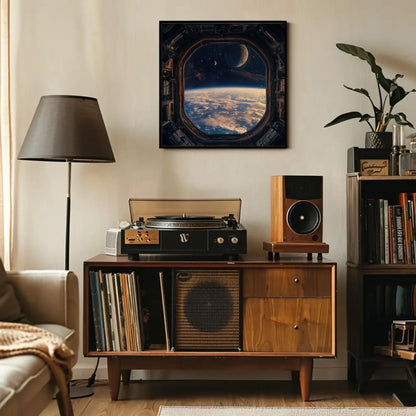Space Station Window Square Canvas Print, Futuristic Outer Space Wall Art, Framed Sci-Fi Decor for Living Room or Office, Ready to Hang Wall Art – Canvas Print
