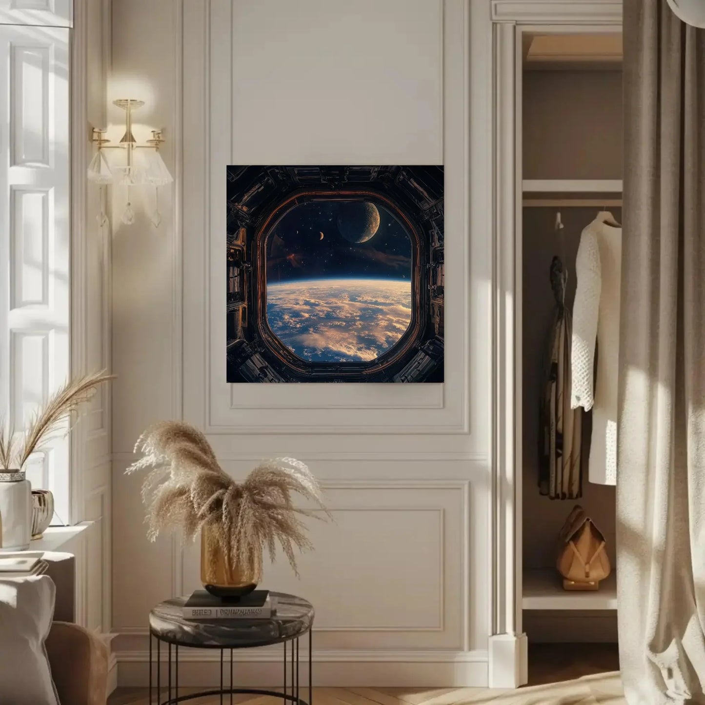 Space Station Window Square Canvas Print, Futuristic Outer Space Wall Art, Framed Sci-Fi Decor for Living Room or Office, Ready to Hang Wall Art – Canvas Print