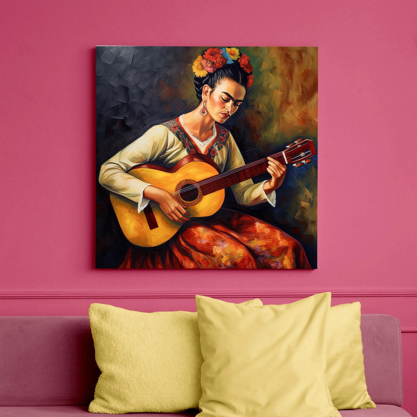 Frida Kahlo playing guitar Wall Art Print Frida Kahlo Painting Frida Kahlo Poster Frida Kahlo Gift Frida Portrait Art Frida Oil Painting Wall Art – Canvas Print
