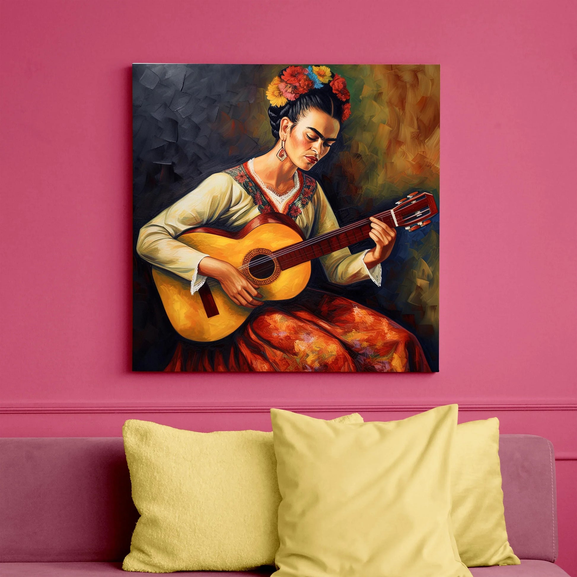 Frida Kahlo playing guitar Wall Art Print Frida Kahlo Painting Frida Kahlo Poster Frida Kahlo Gift Frida Portrait Art Frida Oil Painting Wall Art – Canvas Print