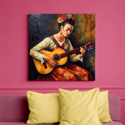 Frida Kahlo playing guitar Wall Art Print Frida Kahlo Painting Frida Kahlo Poster Frida Kahlo Gift Frida Portrait Art Frida Oil Painting Wall Art – Canvas Print