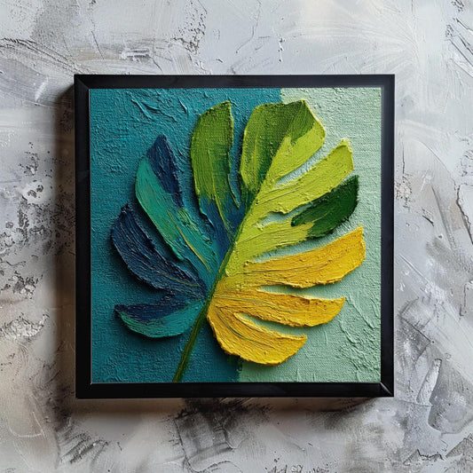 Vibrant Impasto Monstera Leaf Art Print, Textured Tropical Wall Decor, Blue Teal Green Yellow, Modern Botanical Painting Statement Plant Art Wall Art – Canvas Print