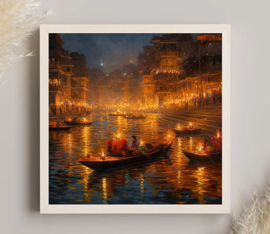 Varanasi Diwali Night Art Painting | Varanasi Large Canvas Prints | Varanasi Framed Poster | Varanasi Wall Art Wall Art – Canvas Print