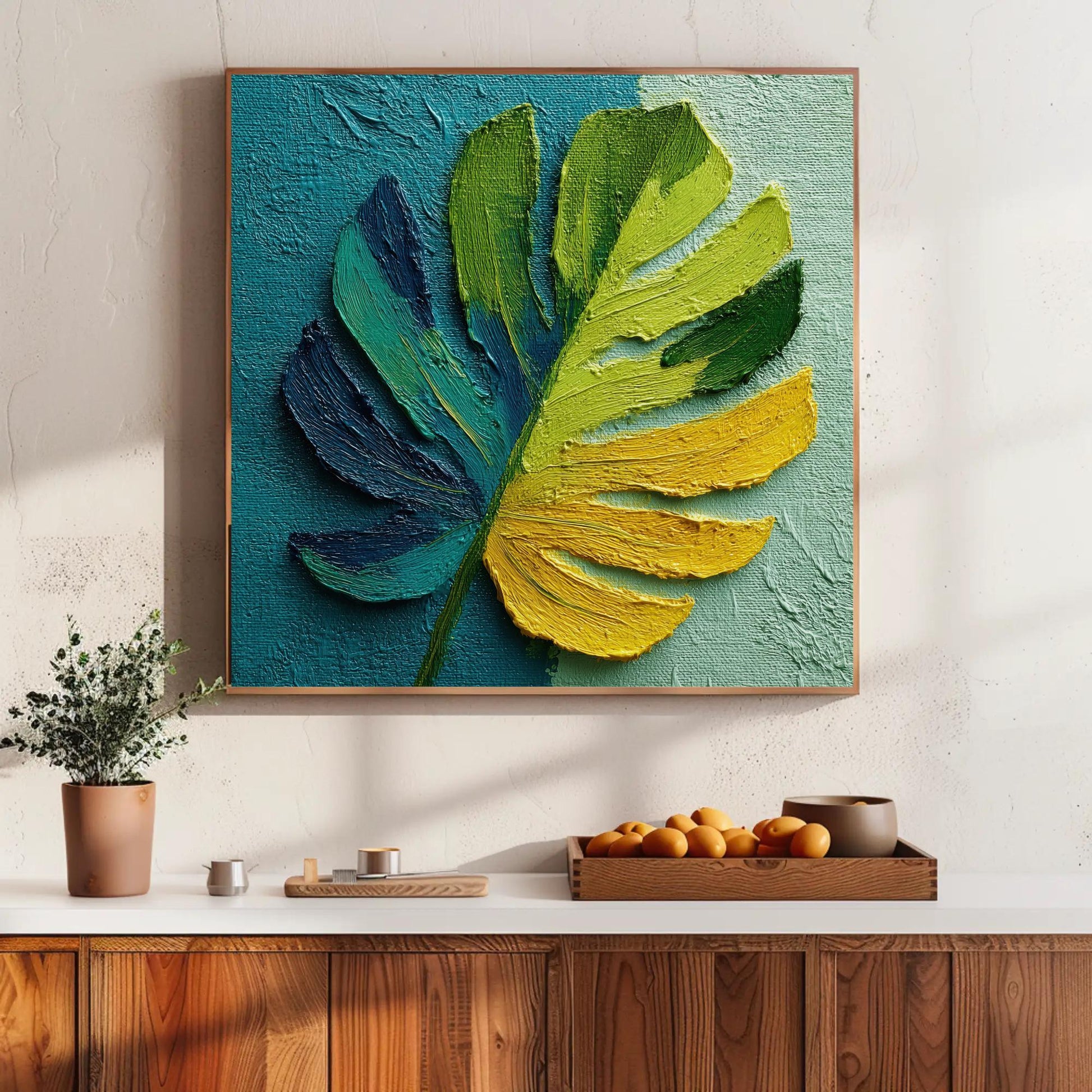 Vibrant Impasto Monstera Leaf Art Print, Textured Tropical Wall Decor, Blue Teal Green Yellow, Modern Botanical Painting Statement Plant Art Wall Art – Canvas Print