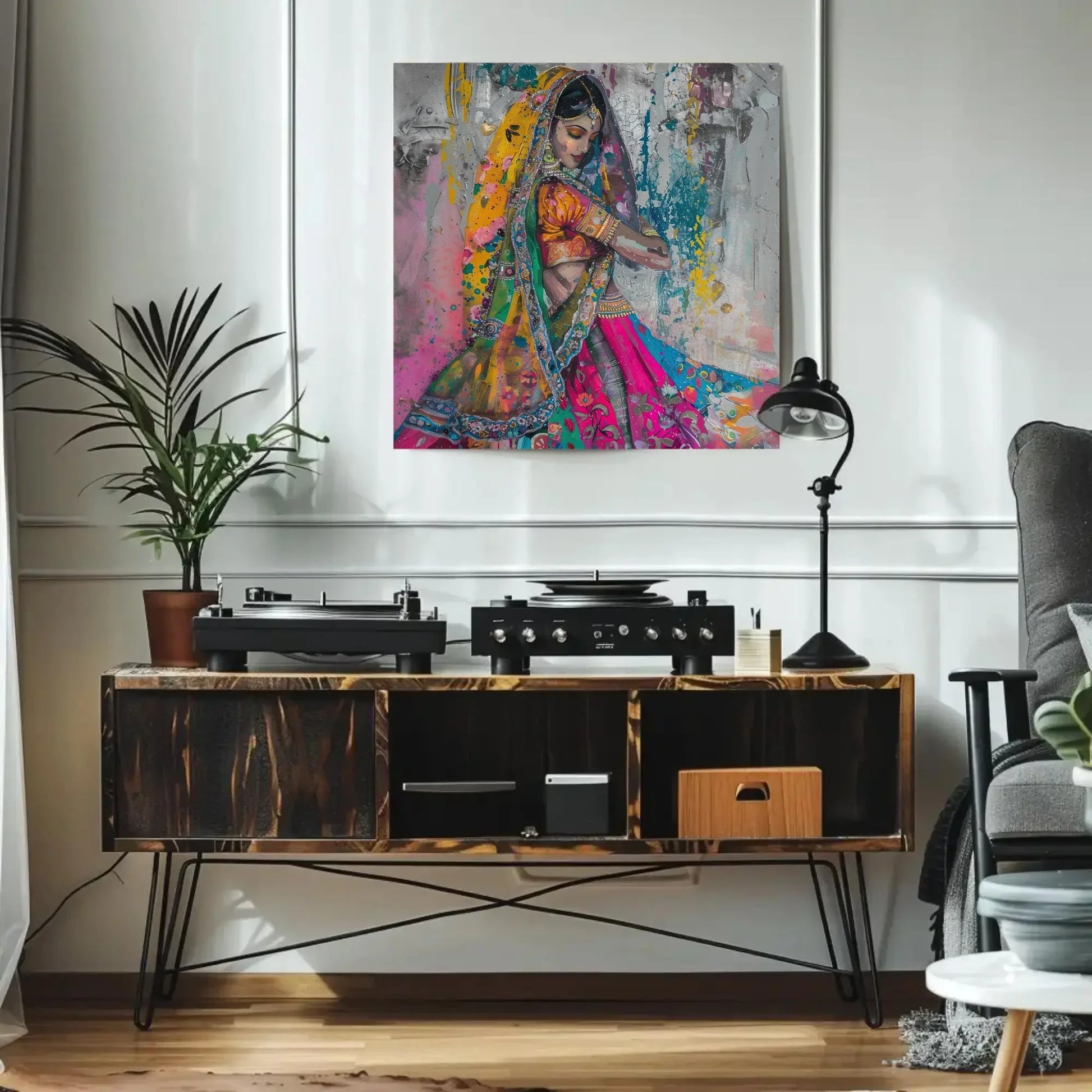 Traditional Indian Woman in Colorful Saree Abstract Canvas | Square Vibrant South Asian Wall Art | Indian Painting for Living Room, Bedroom Wall Art – Canvas Print