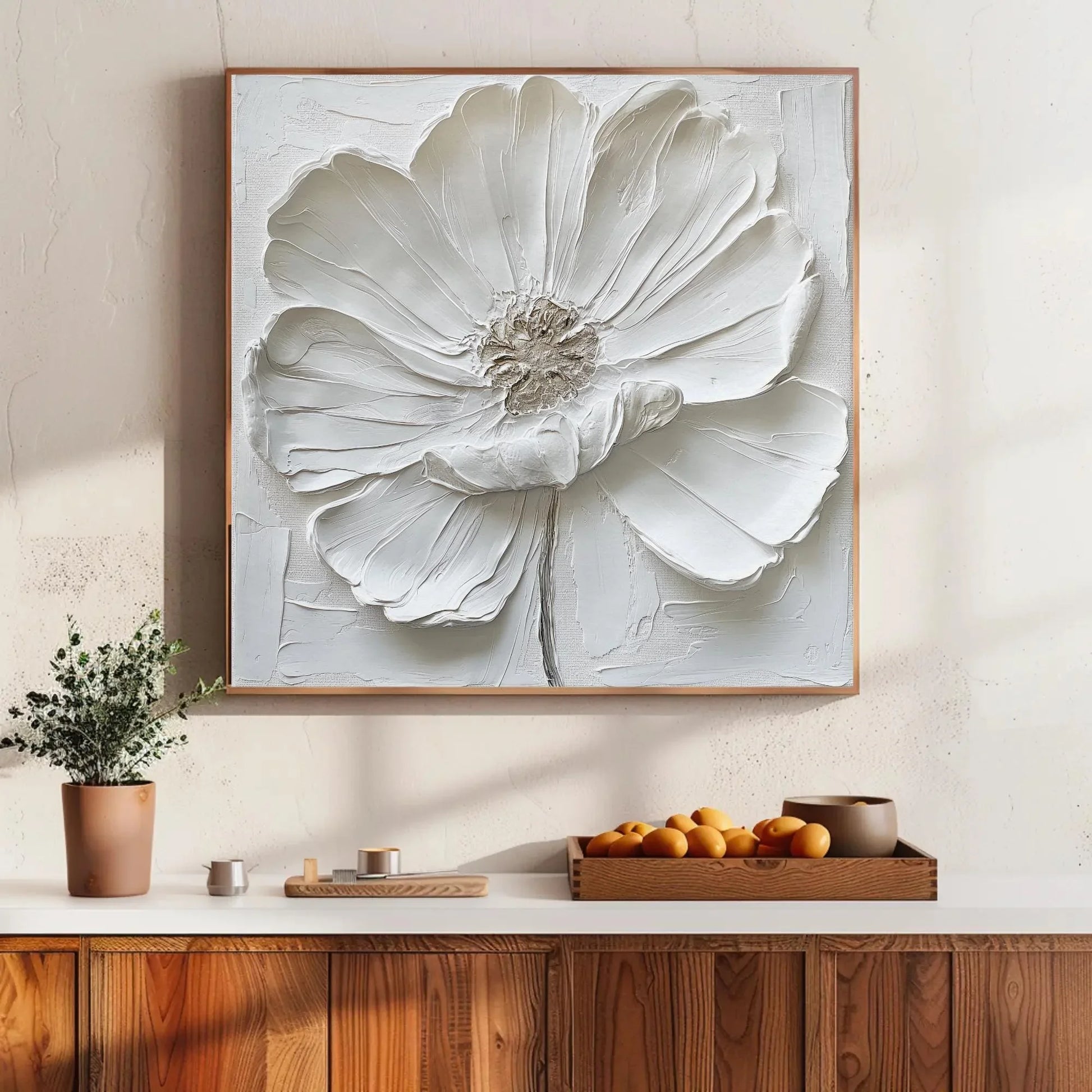 White Textured Flower Oil Painting, Canvas Framed Print, Modern and Minimalist Decor, Ready to Hang, For Living Room or Bedroom Wall Art – Canvas Print