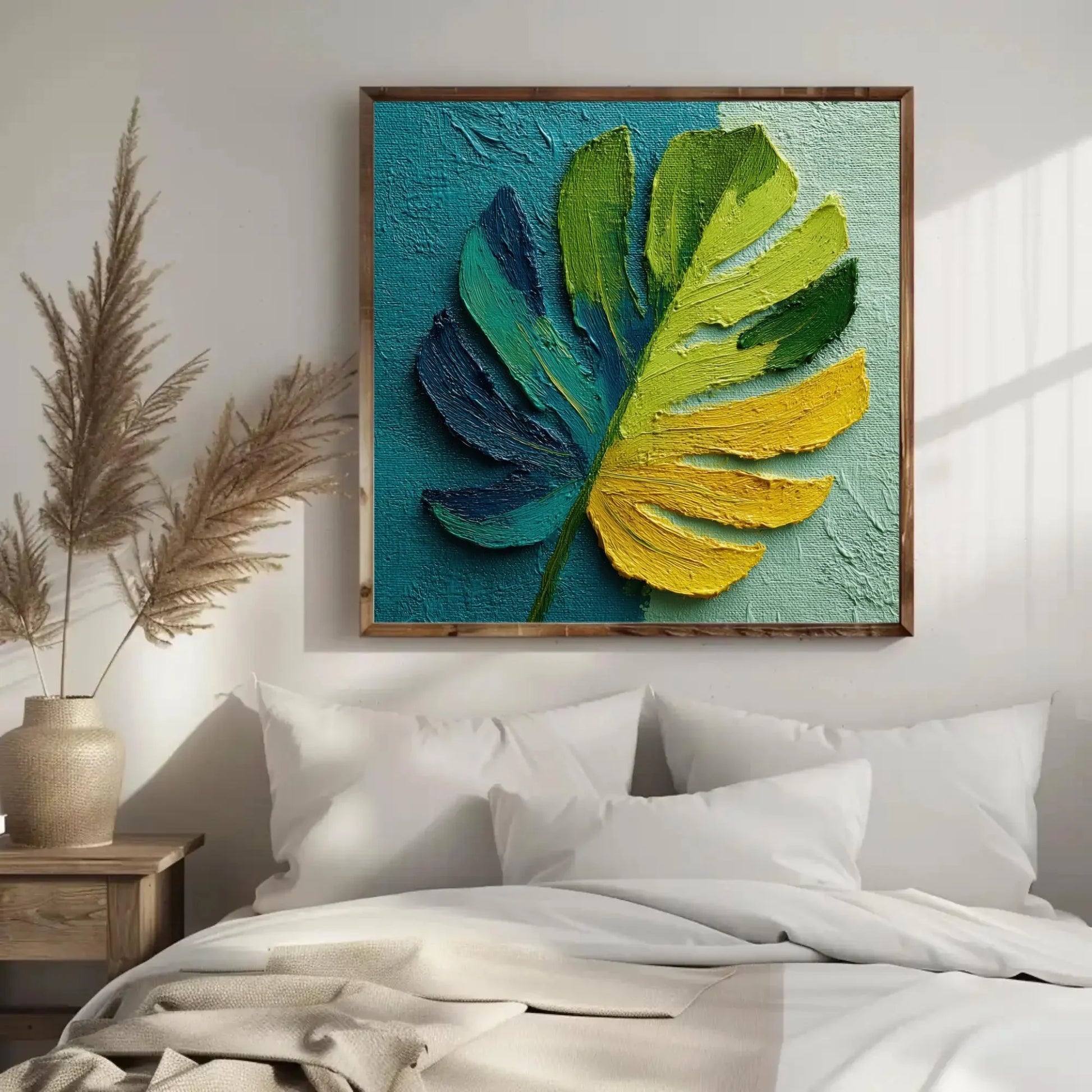 Vibrant Impasto Monstera Leaf Art Print, Textured Tropical Wall Decor, Blue Teal Green Yellow, Modern Botanical Painting Statement Plant Art Wall Art – Canvas Print