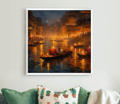 Varanasi Diwali Night Art Painting | Varanasi Large Canvas Prints | Varanasi Framed Poster | Varanasi Wall Art Wall Art – Canvas Print