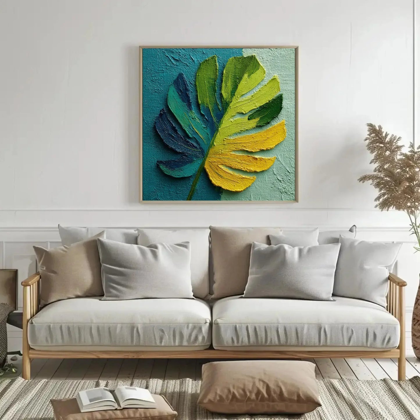 Vibrant Impasto Monstera Leaf Art Print, Textured Tropical Wall Decor, Blue Teal Green Yellow, Modern Botanical Painting Statement Plant Art Wall Art – Canvas Print