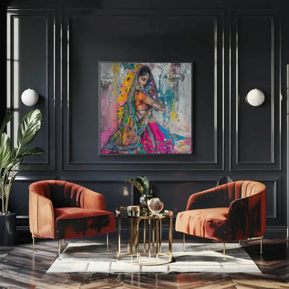 Traditional Indian Woman in Colorful Saree Abstract Canvas | Square Vibrant South Asian Wall Art | Indian Painting for Living Room, Bedroom Wall Art – Canvas Print