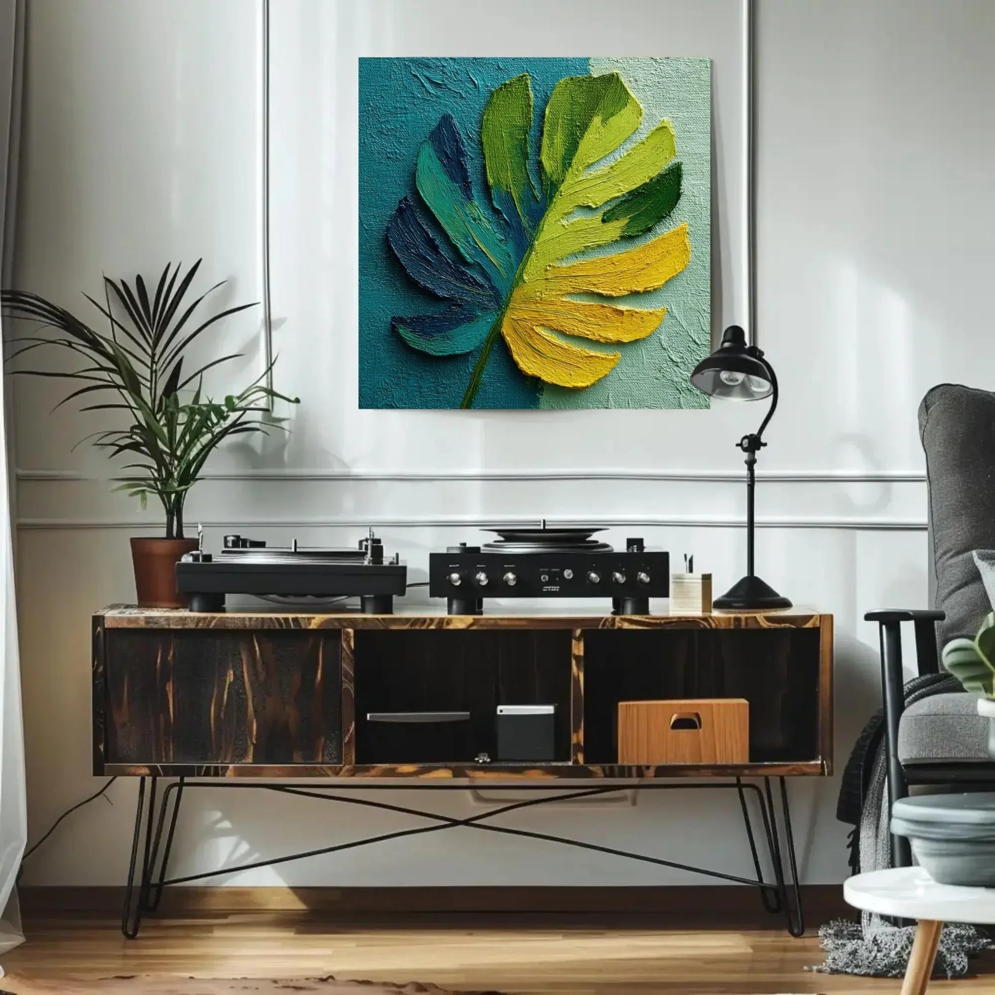 Vibrant Impasto Monstera Leaf Art Print, Textured Tropical Wall Decor, Blue Teal Green Yellow, Modern Botanical Painting Statement Plant Art Wall Art – Canvas Print