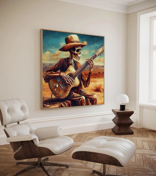 Mexican Cowboy Skeleton Guitarist Art Print Latino Art Chicano art Mexican Art Calavera Art Large Canvas Wall Art – Canvas Print