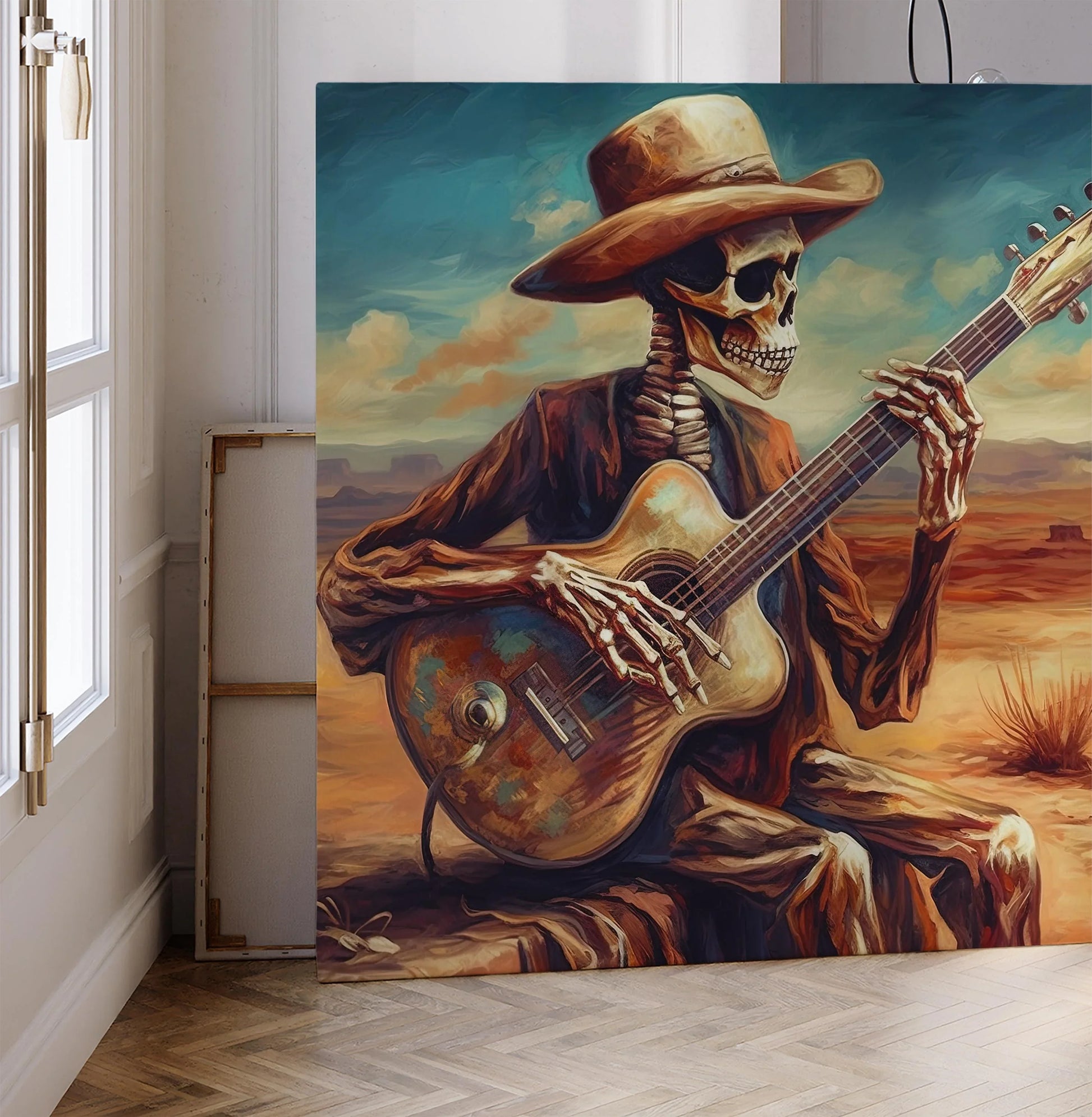 Mexican Cowboy Skeleton Guitarist Art Print Latino Art Chicano art Mexican Art Calavera Art Large Canvas Wall Art – Canvas Print