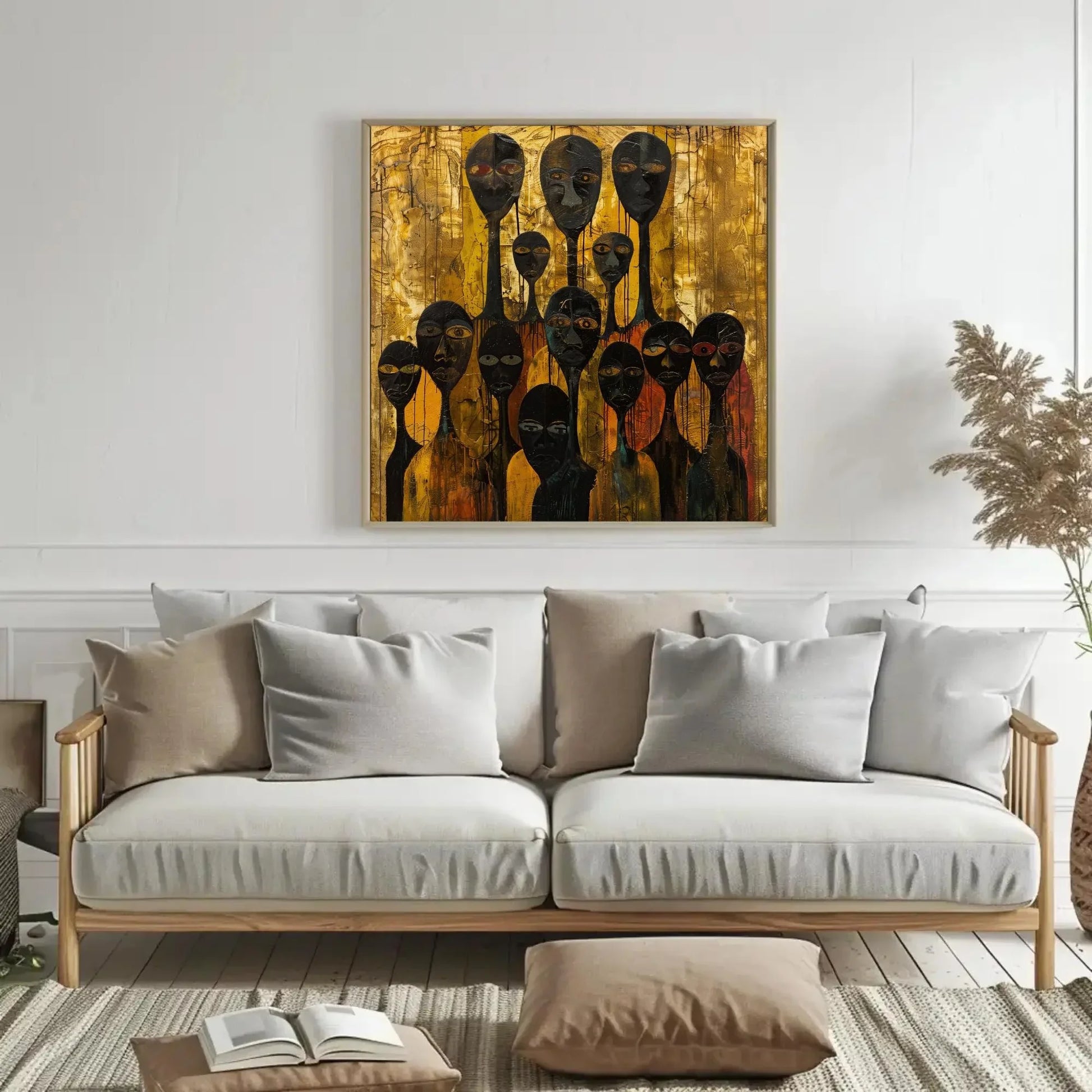 Abstract African Art | Modern Tribal Figures Painting | Gold and Black Wall Art | Cultural Statement Canvas for Eclectic Home Wall Art – Canvas Print
