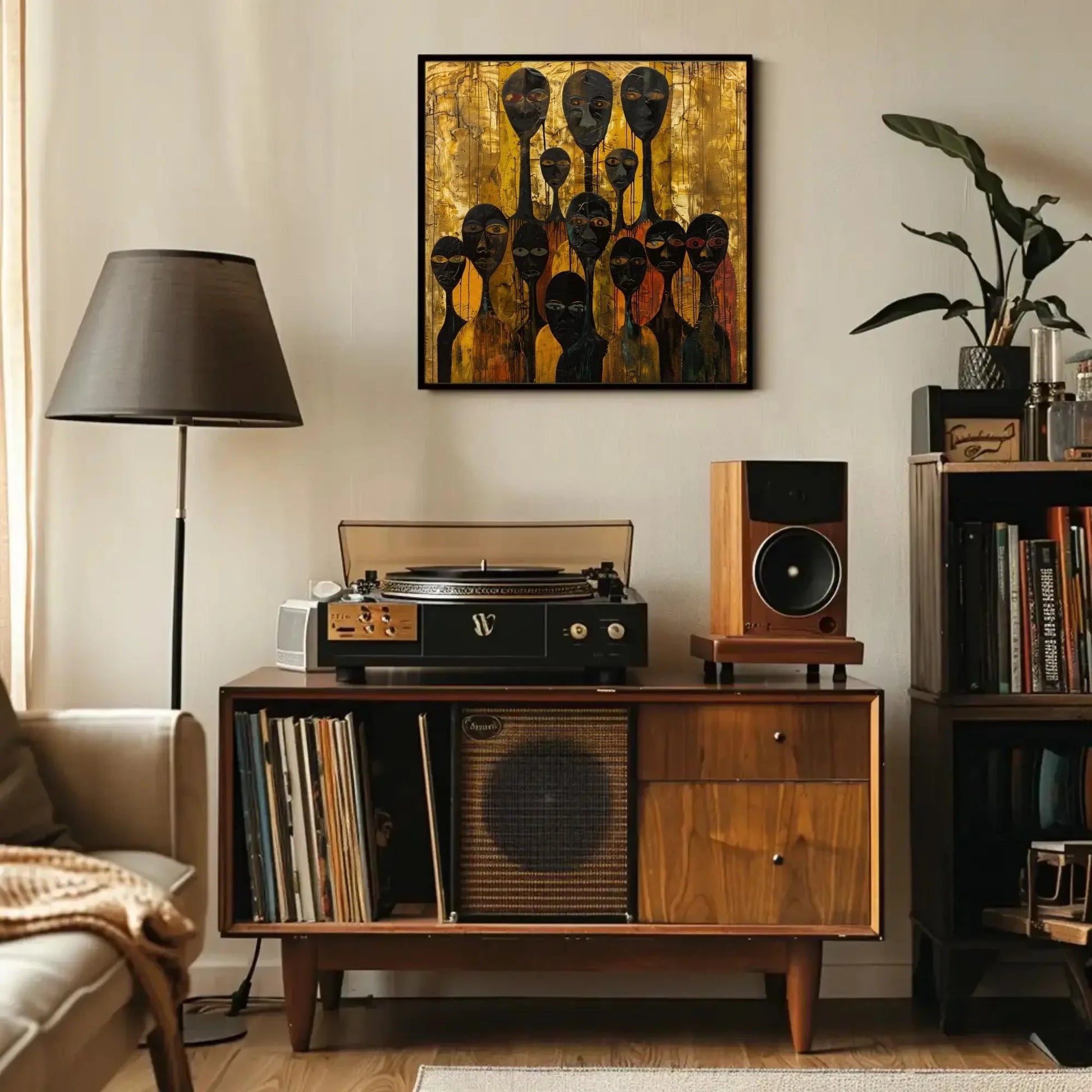 Abstract African Art | Modern Tribal Figures Painting | Gold and Black Wall Art | Cultural Statement Canvas for Eclectic Home Wall Art – Canvas Print