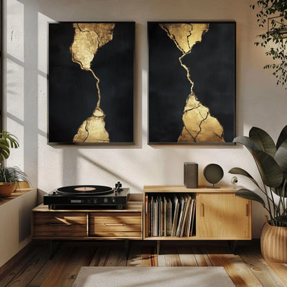 Set of 2 Black and Gold Wall Art | Kintsugi Inspired Canvas Print Diptych | Large Abstract Luxury Decor for Modern Living Room or Office Wall Art – Canvas Print