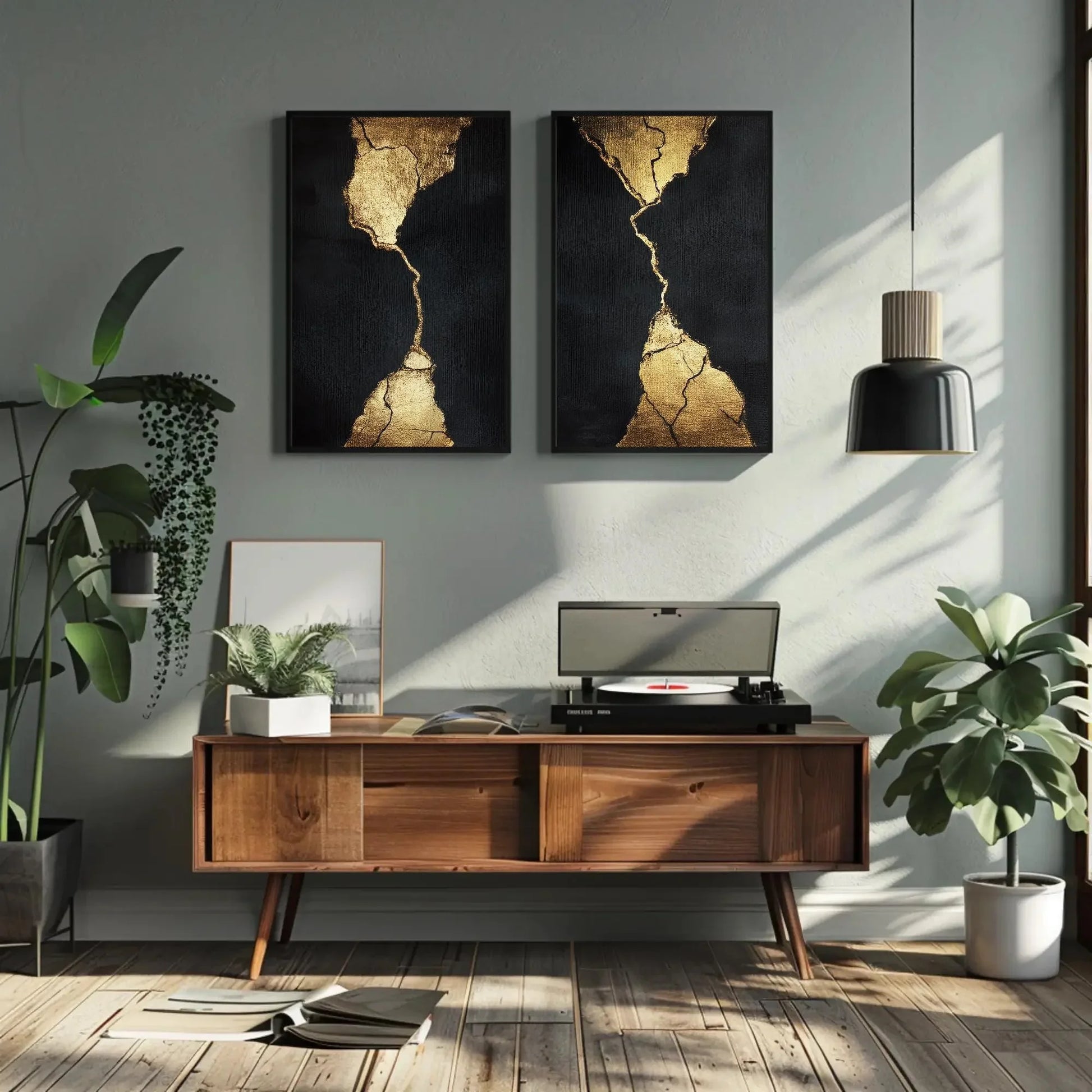 Set of 2 Black and Gold Wall Art | Kintsugi Inspired Canvas Print Diptych | Large Abstract Luxury Decor for Modern Living Room or Office Wall Art – Canvas Print