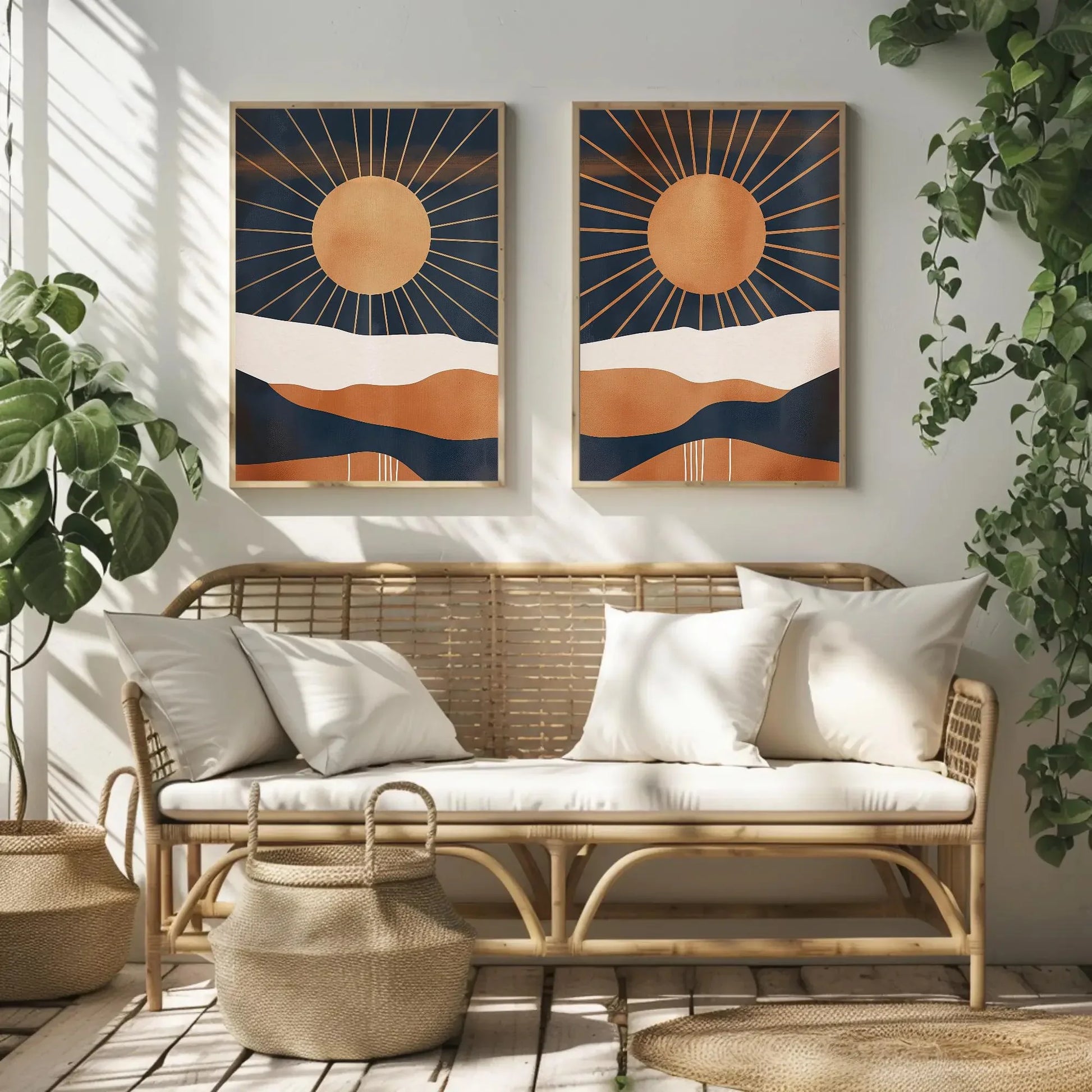Boho Chic Sun Art Set of 2 - Mid-Century Modern Abstract Canvas Prints - Unframed Sunset Wall Decor for Living Room & Bedroom Wall Art – Canvas Print