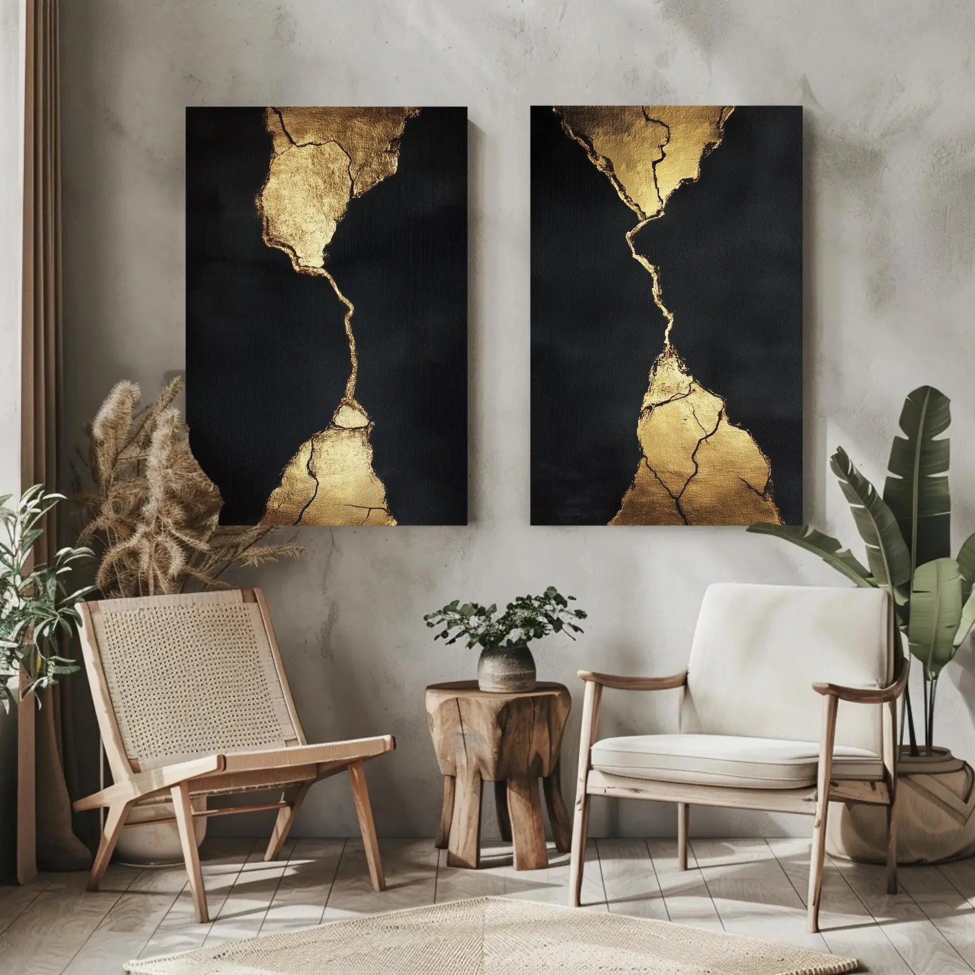 Set of 2 Black and Gold Wall Art | Kintsugi Inspired Canvas Print Diptych | Large Abstract Luxury Decor for Modern Living Room or Office Wall Art – Canvas Print