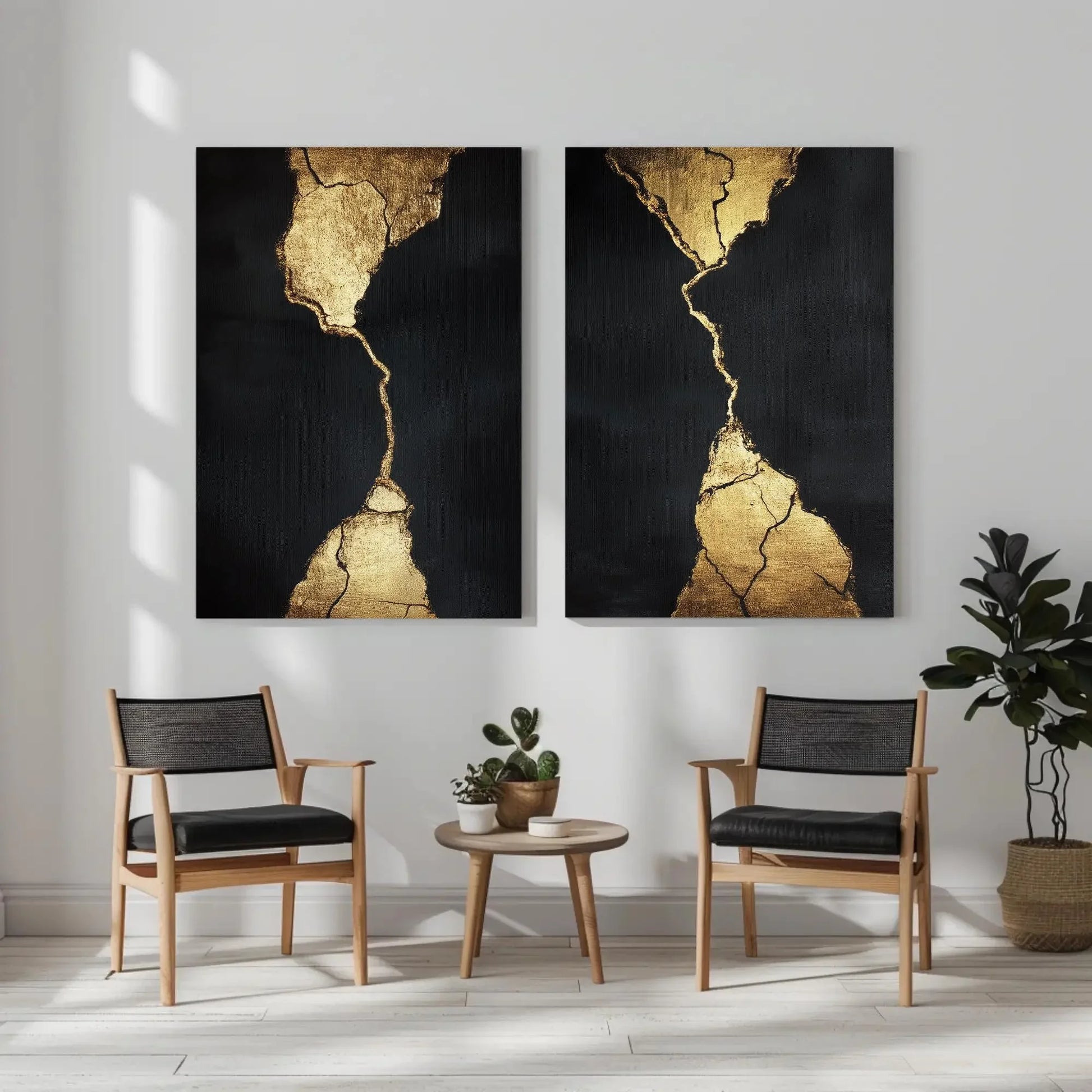 Set of 2 Black and Gold Wall Art | Kintsugi Inspired Canvas Print Diptych | Large Abstract Luxury Decor for Modern Living Room or Office Wall Art – Canvas Print
