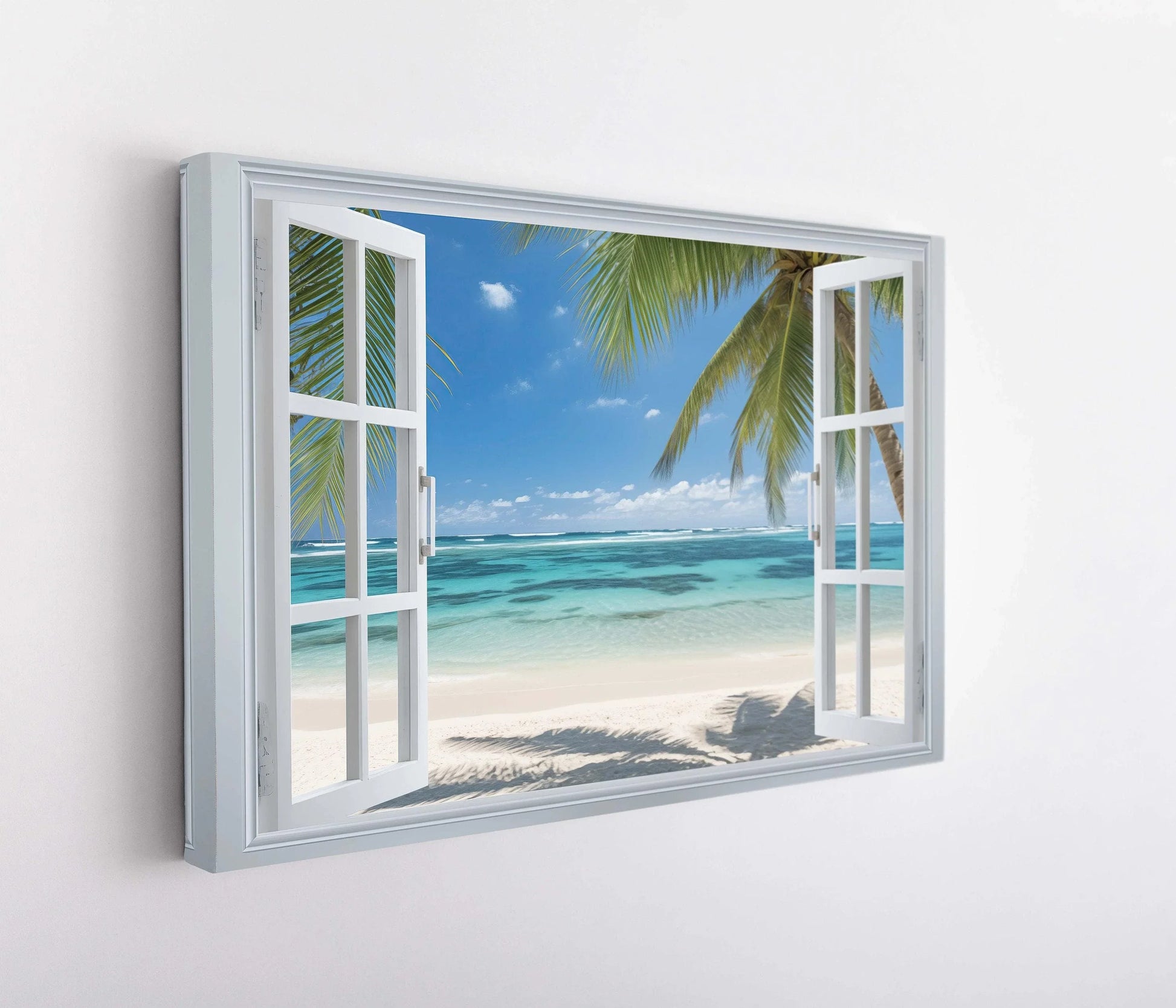 Caribbean Beach Palm Trees Window View Canvas Print, Tropical Wall Art, Coastal Home Decor, Scenic Beach Print for Relaxing Ambiance Wall Art – Canvas Print