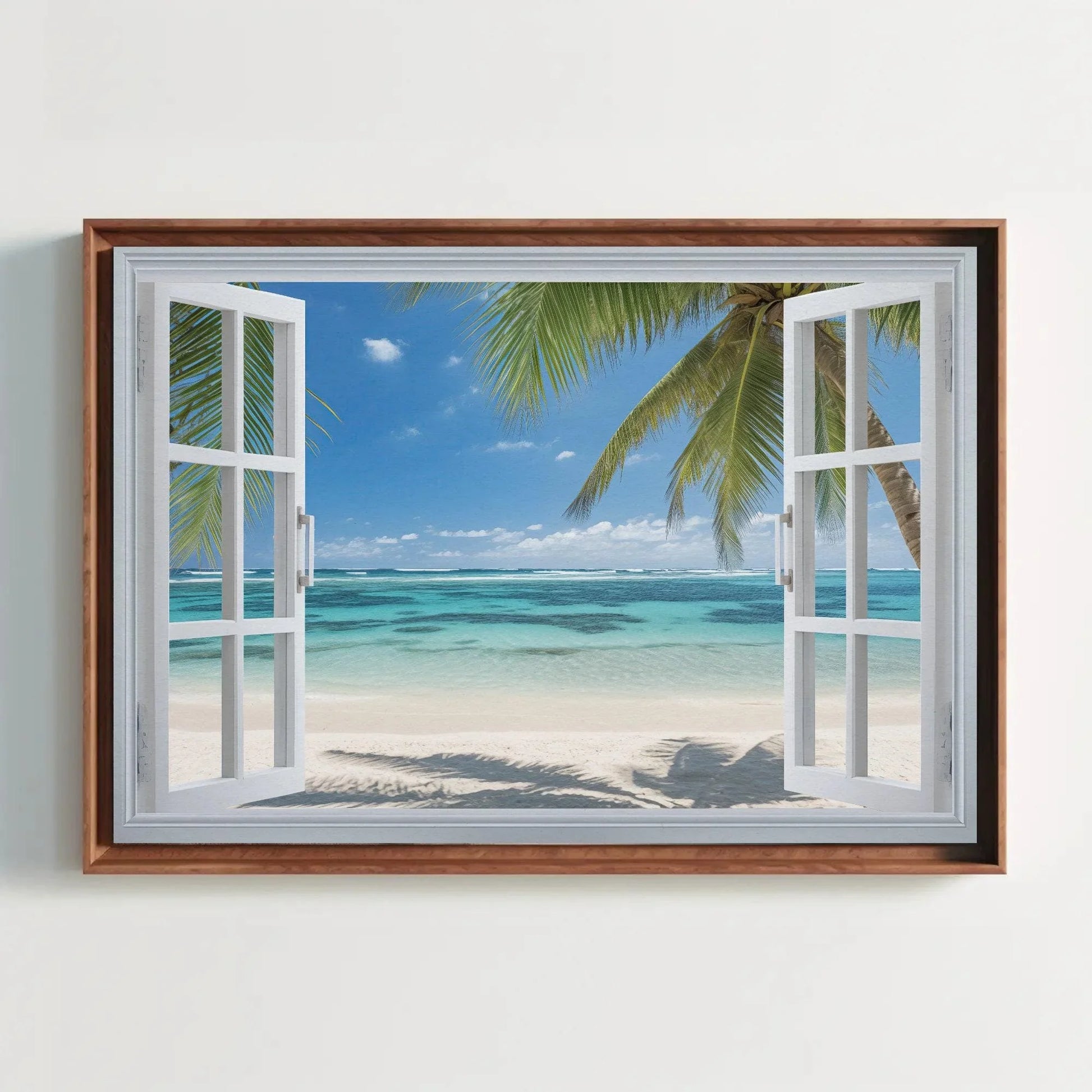 Caribbean Beach Palm Trees Window View Canvas Print, Tropical Wall Art, Coastal Home Decor, Scenic Beach Print for Relaxing Ambiance Wall Art – Canvas Print