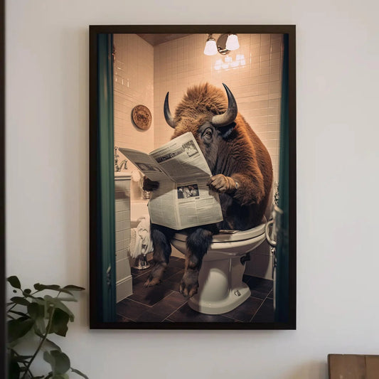Bison Devotedly Reading Newspaper On The Toilet Wildlife Animal Lovers Gift Canvas Painting Funny Bathroom Art Framed Print Toilet Humor Art Wall Art – Canvas Print