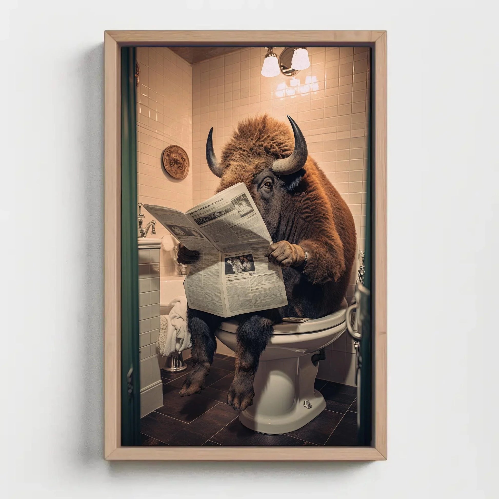 Bison Devotedly Reading Newspaper On The Toilet Wildlife Animal Lovers Gift Canvas Painting Funny Bathroom Art Framed Print Toilet Humor Art Wall Art – Canvas Print
