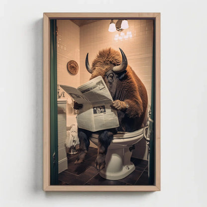 Bison Devotedly Reading Newspaper On The Toilet Wildlife Animal Lovers Gift Canvas Painting Funny Bathroom Art Framed Print Toilet Humor Art Wall Art – Canvas Print