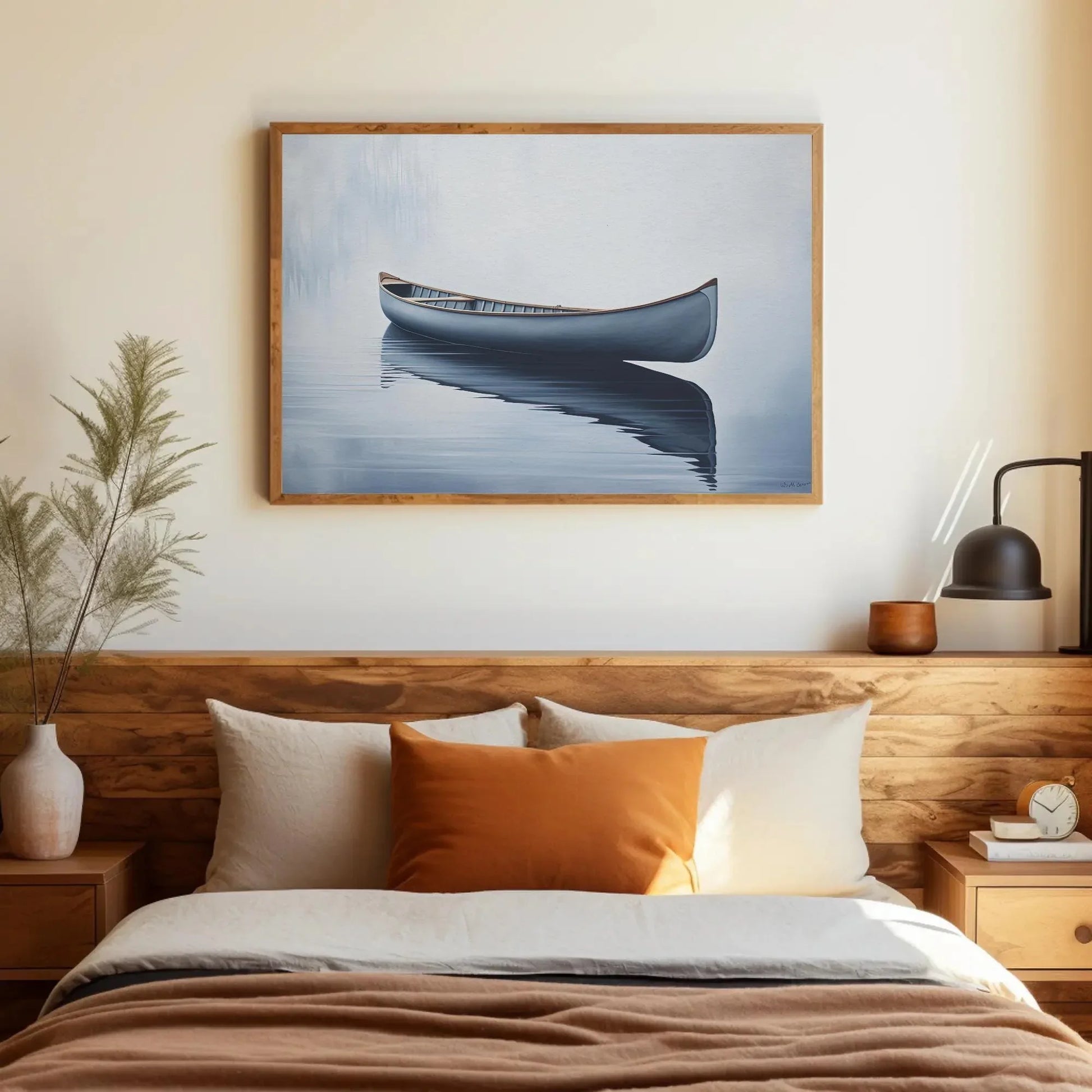 Canoe In Still Water Wall Decor Canvas Art, Lake House Decor, Canoe Wall Art, Cabin Wall Decor, Canoe in a Lake Blue Canoe, Nautical Decor Wall Art – Canvas Print