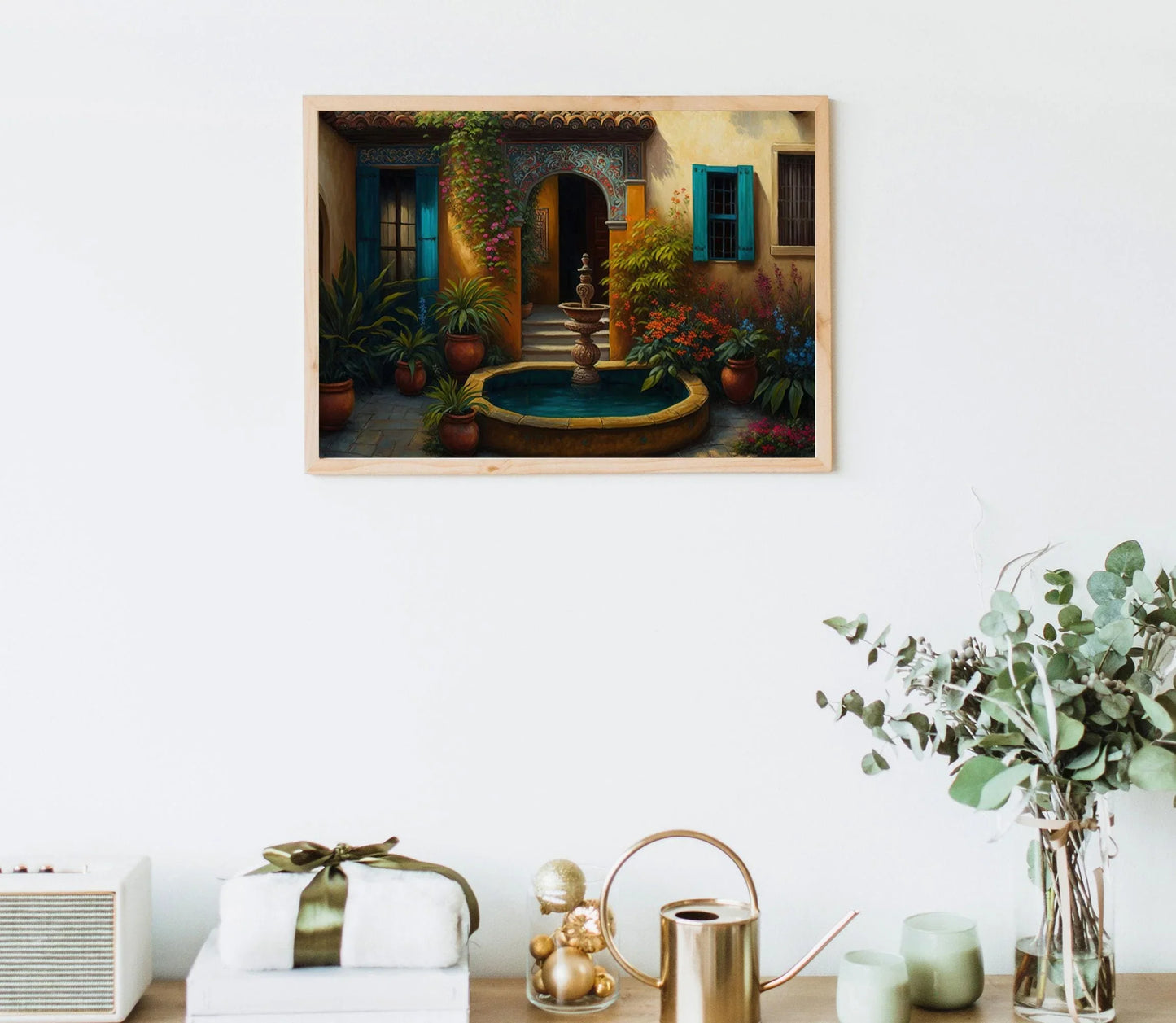 Mexican Garden Painting | Mexican Courtyard Art | Wall Art Decor | Colorful Art Print | Mexican Art | Mexican Decor, Home Decor, Latino Art Wall Art – Canvas Print