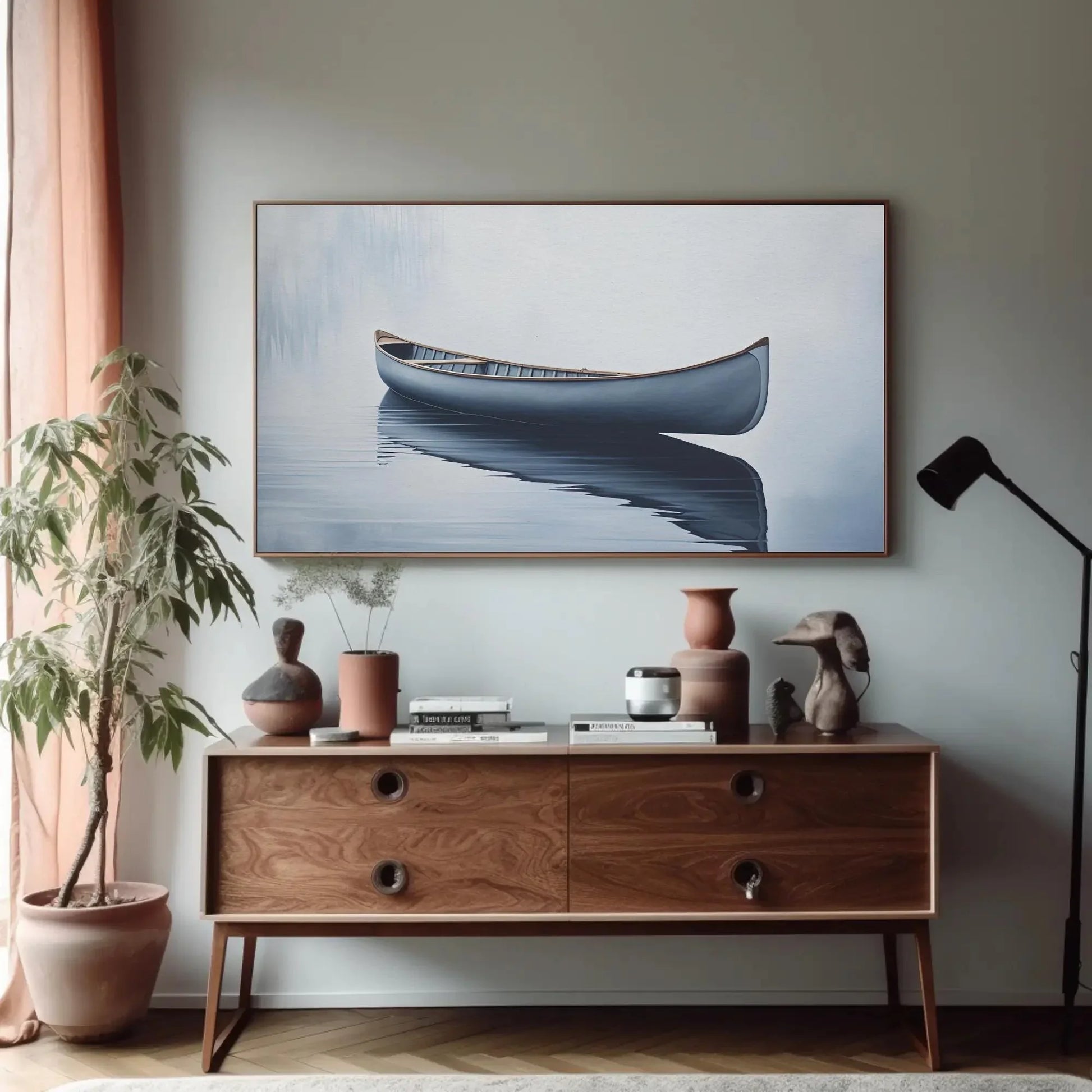 Canoe In Still Water Wall Decor Canvas Art, Lake House Decor, Canoe Wall Art, Cabin Wall Decor, Canoe in a Lake Blue Canoe, Nautical Decor Wall Art – Canvas Print