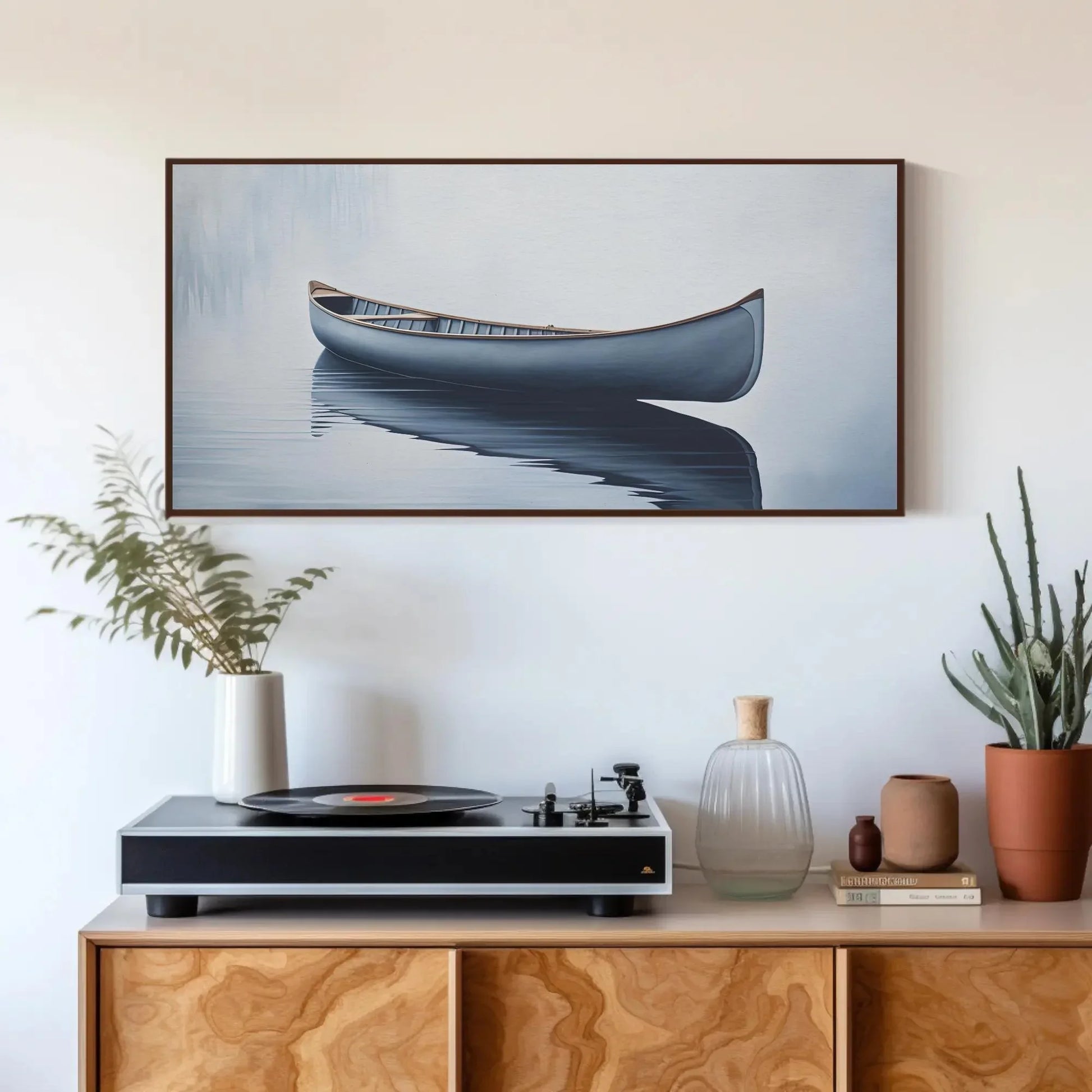 Canoe In Still Water Wall Decor Canvas Art, Lake House Decor, Canoe Wall Art, Cabin Wall Decor, Canoe in a Lake Blue Canoe, Nautical Decor Wall Art – Canvas Print