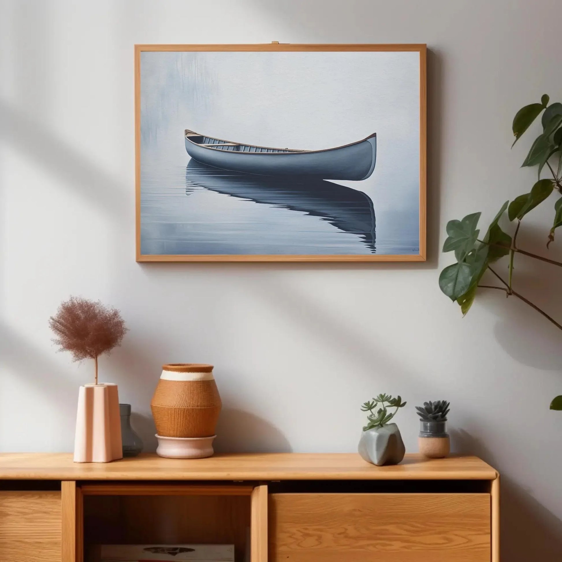 Canoe In Still Water Wall Decor Canvas Art, Lake House Decor, Canoe Wall Art, Cabin Wall Decor, Canoe in a Lake Blue Canoe, Nautical Decor Wall Art – Canvas Print