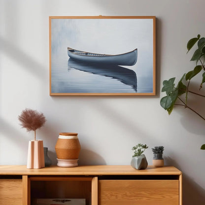 Canoe In Still Water Wall Decor Canvas Art, Lake House Decor, Canoe Wall Art, Cabin Wall Decor, Canoe in a Lake Blue Canoe, Nautical Decor Wall Art – Canvas Print