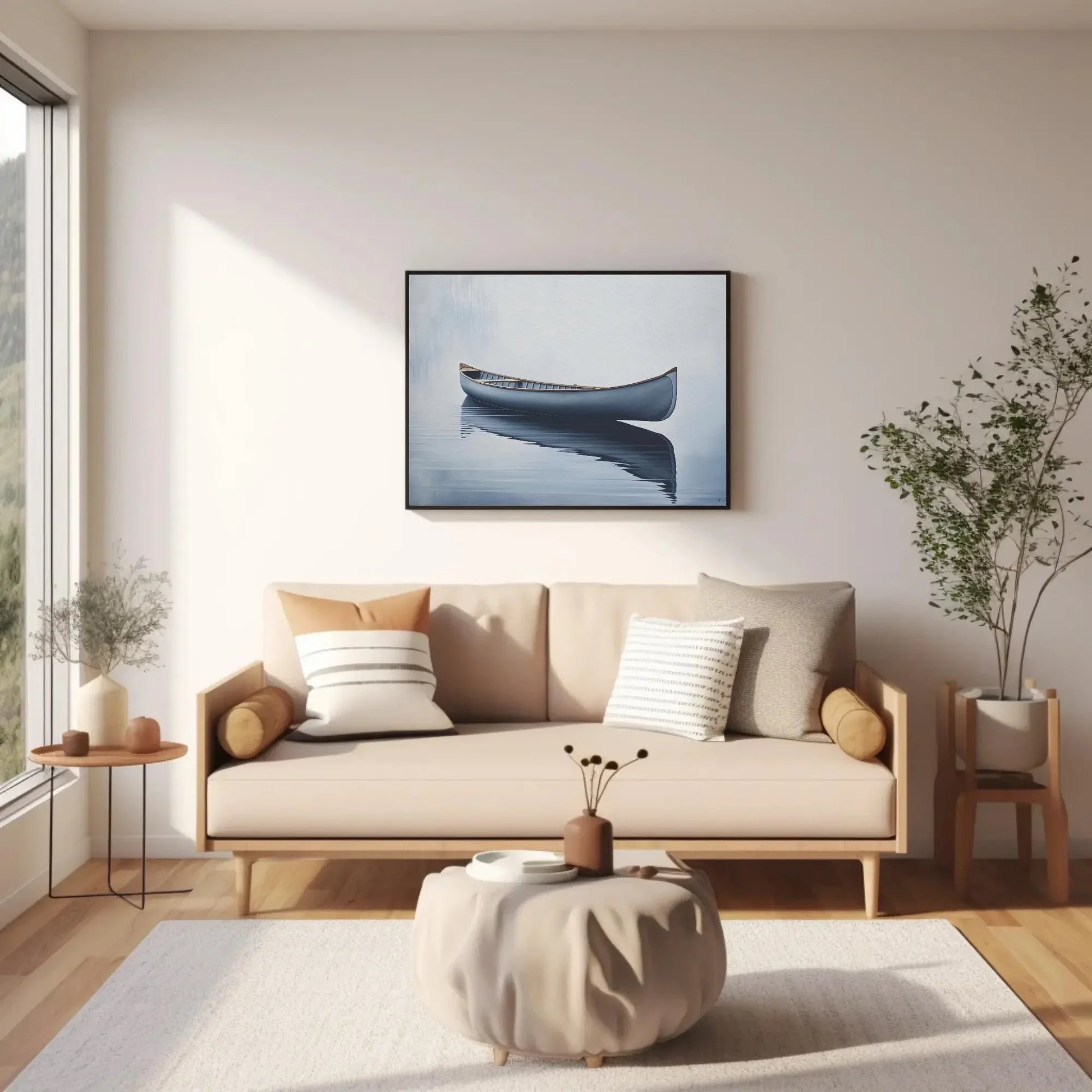 Canoe In Still Water Wall Decor Canvas Art, Lake House Decor, Canoe Wall Art, Cabin Wall Decor, Canoe in a Lake Blue Canoe, Nautical Decor Wall Art – Canvas Print