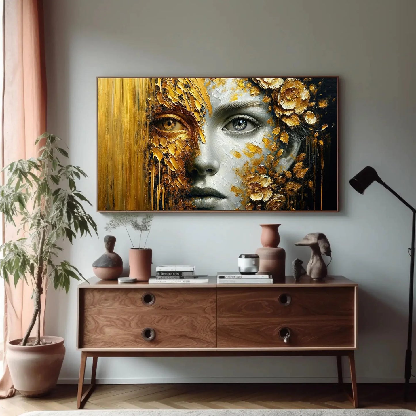 Golden Glimpse: A Portrait of Mystery and Splendor Framed Canvas Luxurious Home Decor, Hall Way Print, Rich Room Wall Art, Golden Print Wall Art – Canvas Print