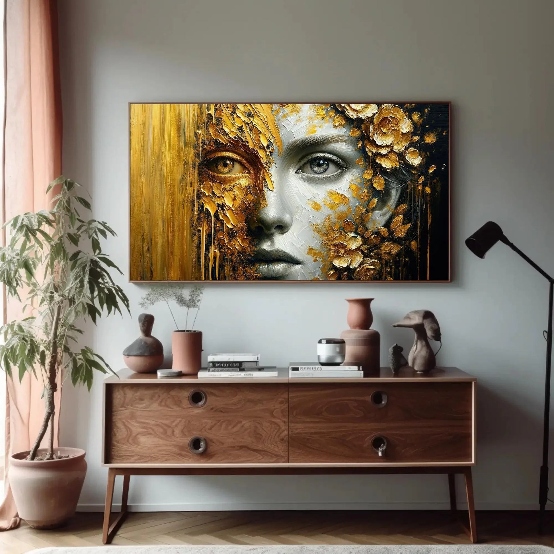 Golden Glimpse: A Portrait of Mystery and Splendor Framed Canvas Luxurious Home Decor, Hall Way Print, Rich Room Wall Art, Golden Print Wall Art – Canvas Print