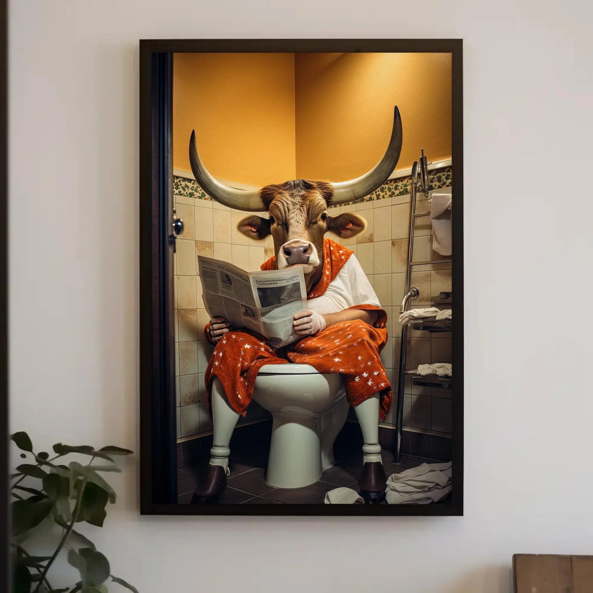 Texas Long Horn Cow Reading Newspaper On The Toilet Funny Bathroom Wall Art Gift Canvas Painting Framed Print Toilet Humor Gift For Him Wall Art – Canvas Print