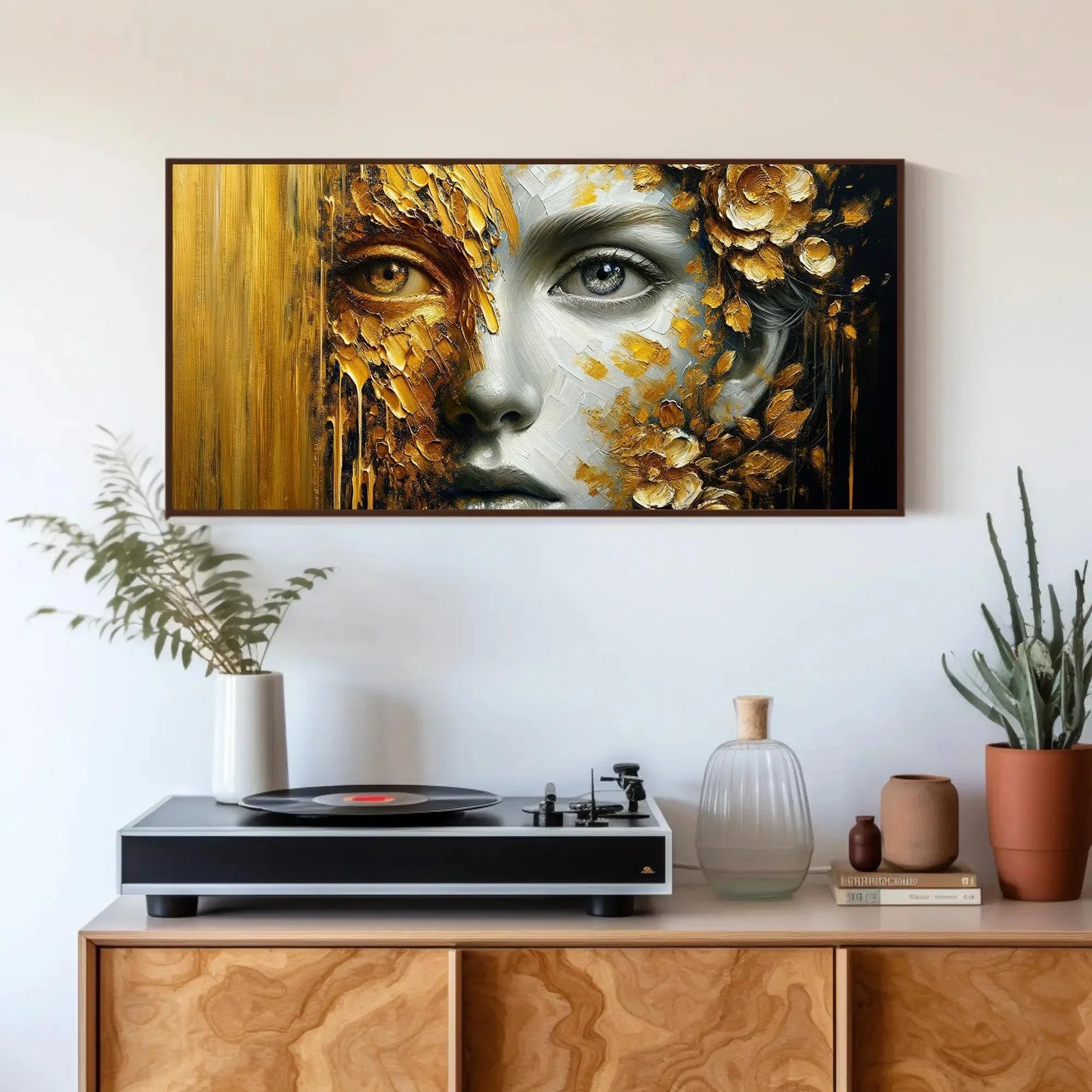 Golden Glimpse: A Portrait of Mystery and Splendor Framed Canvas Luxurious Home Decor, Hall Way Print, Rich Room Wall Art, Golden Print Wall Art – Canvas Print