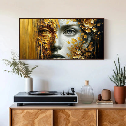 Golden Glimpse: A Portrait of Mystery and Splendor Framed Canvas Luxurious Home Decor, Hall Way Print, Rich Room Wall Art, Golden Print Wall Art – Canvas Print