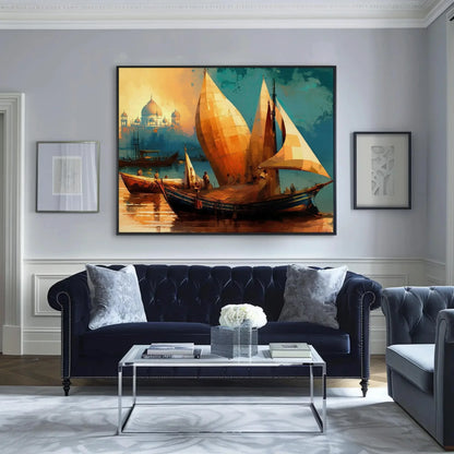 Taj Mahal Ancient Indian Harbour Painting, Boats in Yamuna River near Taj Mahal Large Canvas Art for Indian Home Decor Wall Art – Canvas Print