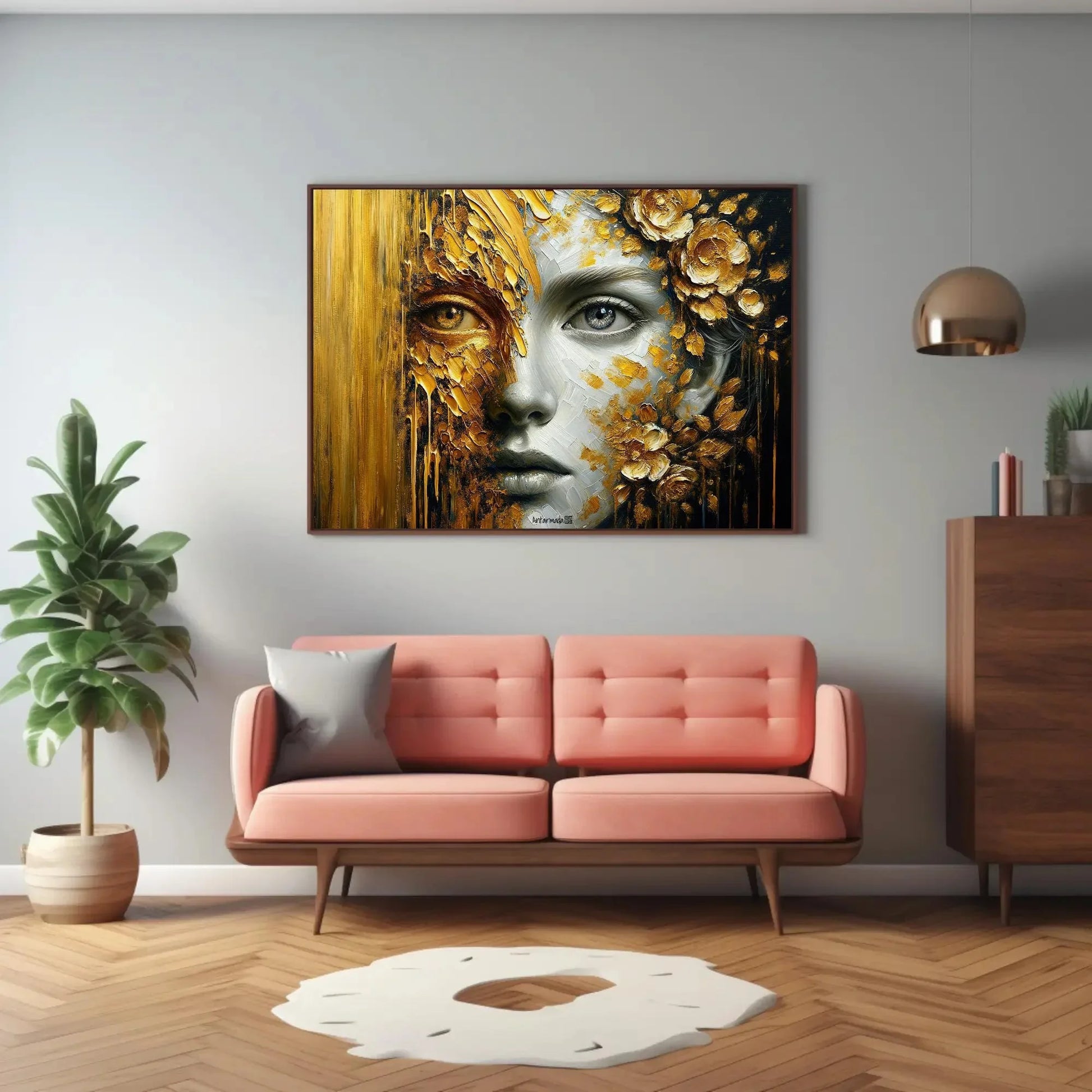 Golden Glimpse: A Portrait of Mystery and Splendor Framed Canvas Luxurious Home Decor, Hall Way Print, Rich Room Wall Art, Golden Print Wall Art – Canvas Print