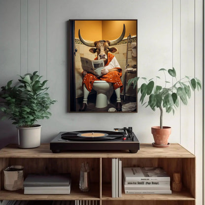 Texas Long Horn Cow Reading Newspaper On The Toilet Funny Bathroom Wall Art Gift Canvas Painting Framed Print Toilet Humor Gift For Him Wall Art – Canvas Print